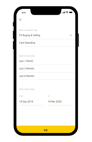 Choose “filter” to specify type or period of transaction