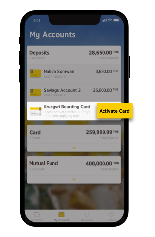 Choose “Krungsri Boarding Card” and click “Activate card”